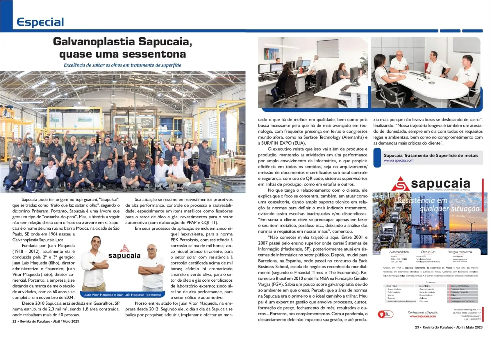 Página dupla da Revista do Parafuso com a matéria “Galvanoplastia Sapucaia, quase uma sessentona”, ilustrada com fotos da fábrica, de uma reunião e do logotipo da Sapucaia