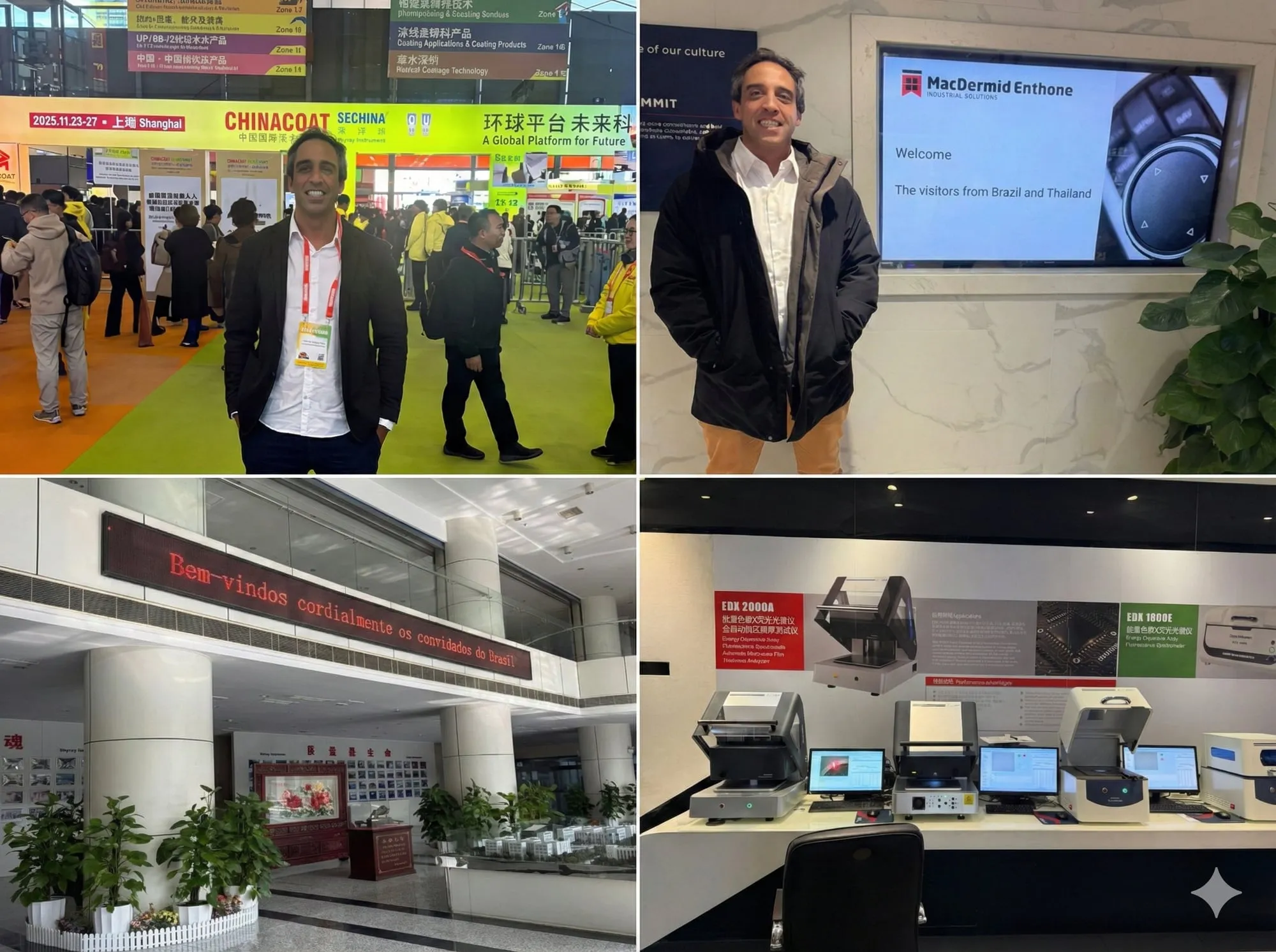 Colagem de quatro fotos da visita a Xangai: entrada da feira ChinaCoat e SECHINA, tela de boas-vindas da MacDermid Enthone aos visitantes do Brasil e da Tailândia, painel de LED com "Bem-vindos cordialmente os convidados do Brasil" e showroom da Skyray Instrument com espectrômetros de fluorescência de raios X EDX 2000A e EDX 1800E