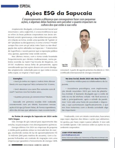 Página de revista com a matéria “Ações ESG da Sapucaia”, assinada pela diretoria comercial, com retrato do autor ao lado do texto