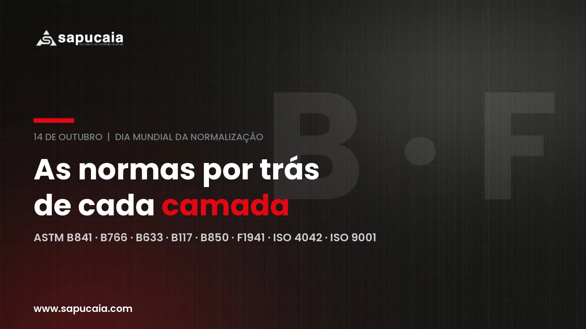 Arte em fundo escuro com o título “As normas por trás de cada camada”, a data 14 de outubro, Dia Mundial da Normalização, a lista ASTM B841, B766, B633, B117, B850, F1941, ISO 4042 e ISO 9001, e as letras B e F ao fundo