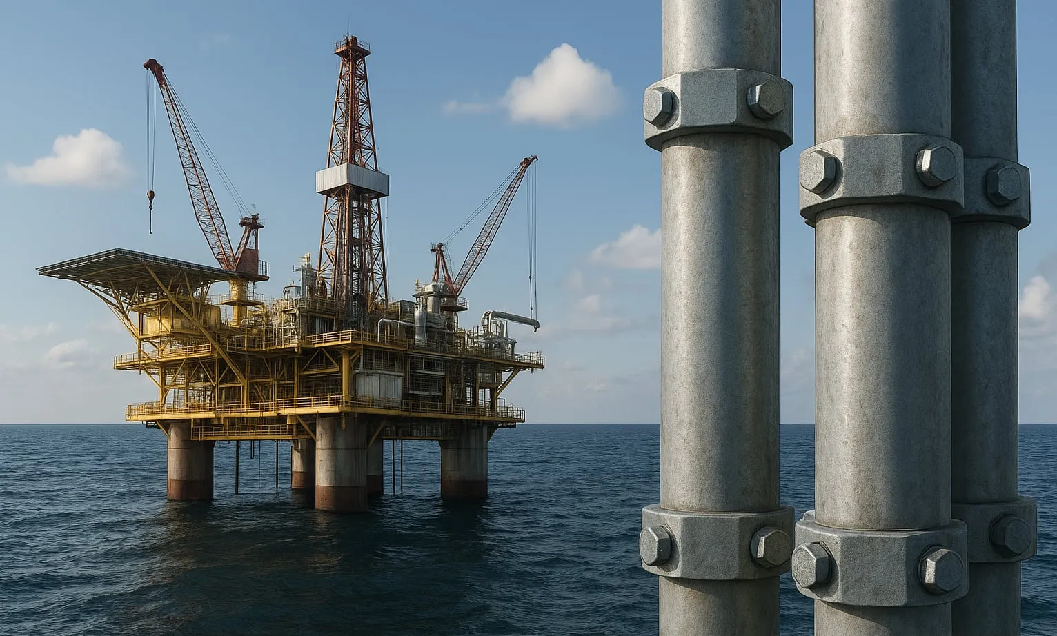 Plataforma de petróleo offshore ao mar, com colunas estruturais aparafusadas em primeiro plano