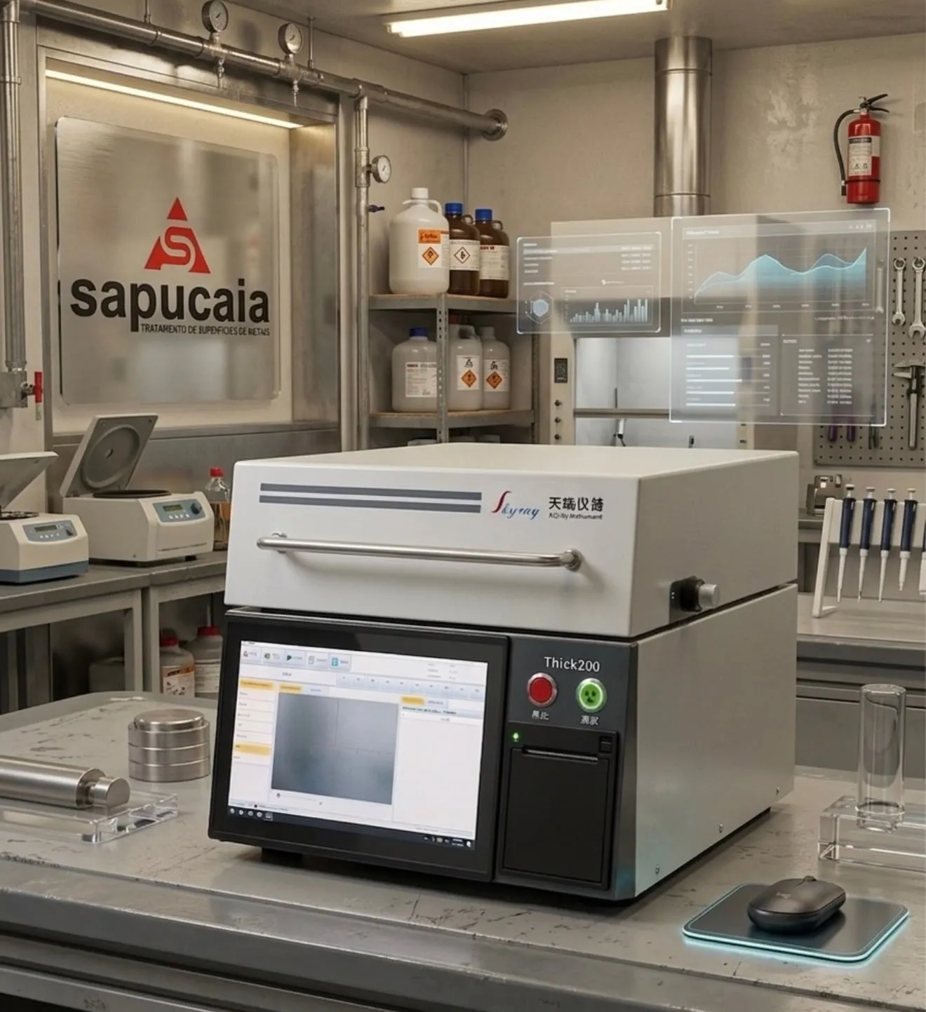 Laboratório com máquina "Thick200" em mesa de metal, várias garrafas químicas ao fundo e gráficos holográficos. Placa "sapucaia" visível.
