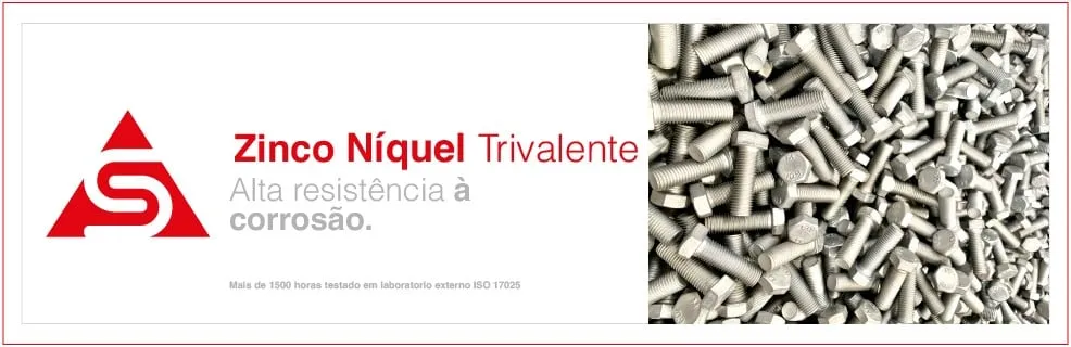 Peça gráfica da Sapucaia para zinco-níquel trivalente, com o texto “Alta resistência à corrosão” ao lado de um volume de fixadores