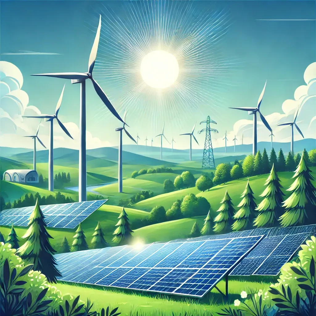 Ilustração de paisagem com turbinas eólicas e painéis solares sob céu claro