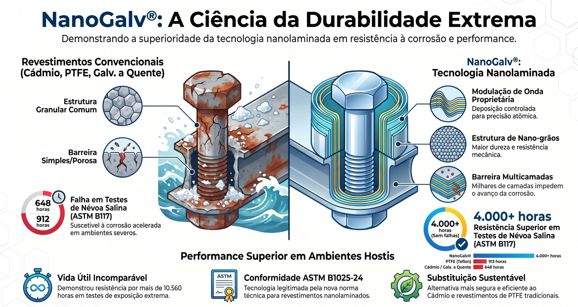 Infográfico ilustrativo comparando revestimentos convencionais e NanoGalv®, com foco na estrutura de barreira multicamadas.