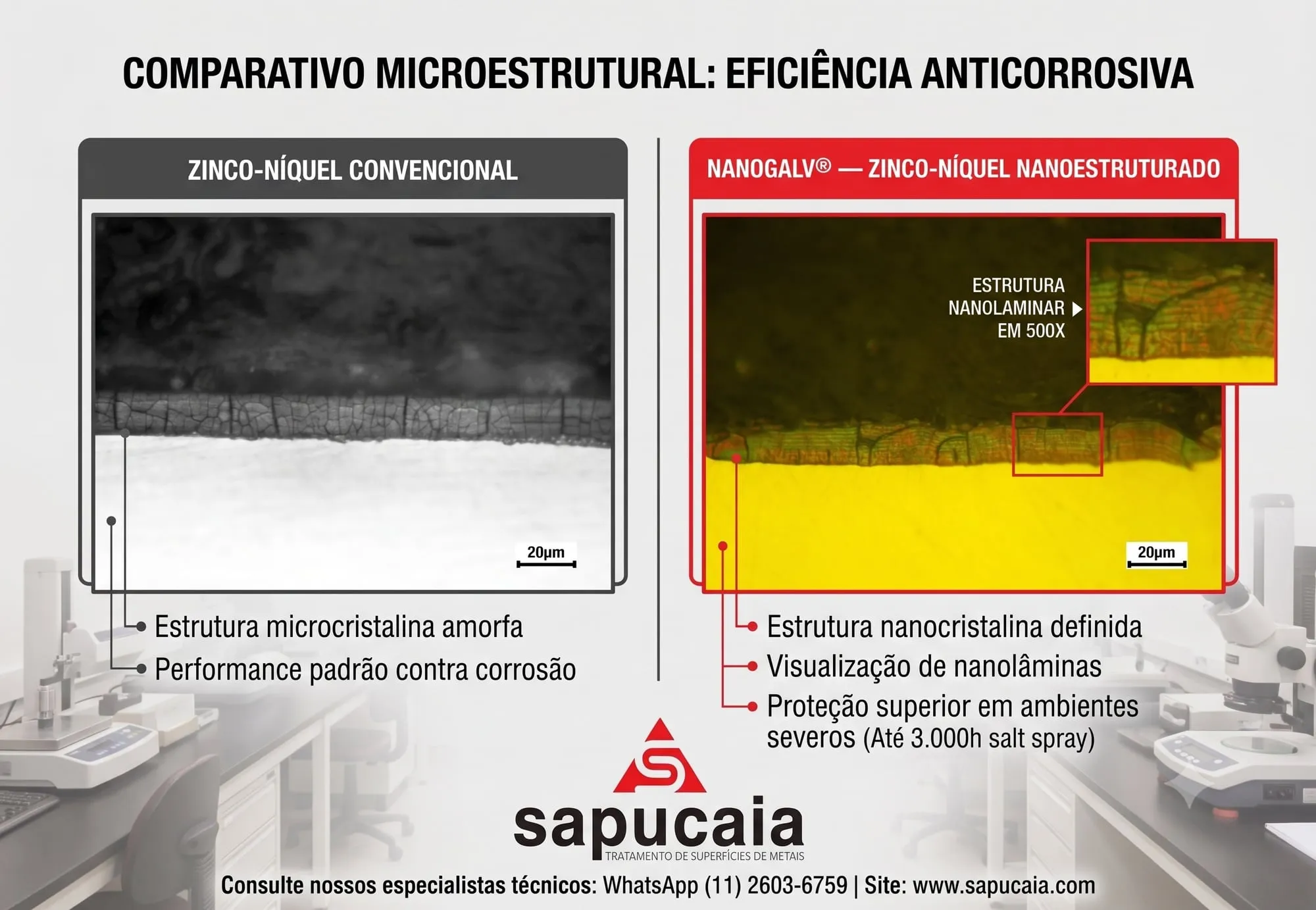 Corte metalográfico comparando zinco-níquel convencional e NanoGalv®, zinco-níquel nanoestruturado da Sapucaia, com ampliação de 500x evidenciando a estrutura nanolaminar.
