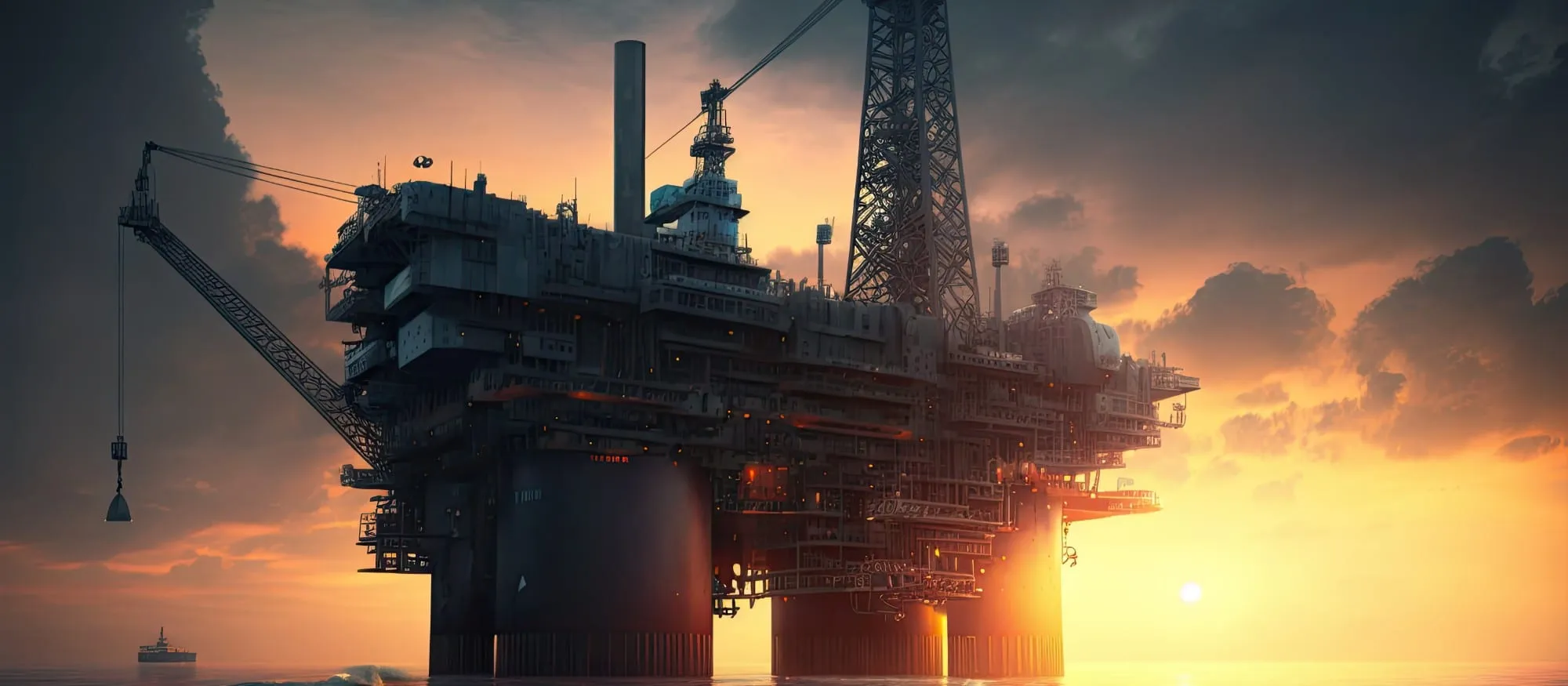 Plataforma de produção offshore sobre colunas ao pôr do sol, com torre de perfuração e guindaste de lança longa; ao longe, uma embarcação de apoio